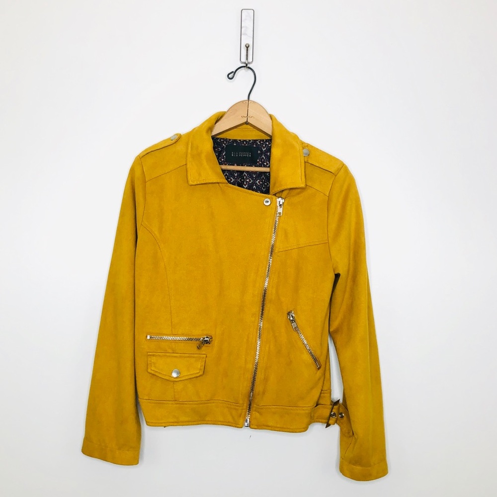 Blu Pepper Mustard Yellow Faux Suede Asymmetrical Zip Moto Jacket - Picture 2 of 4